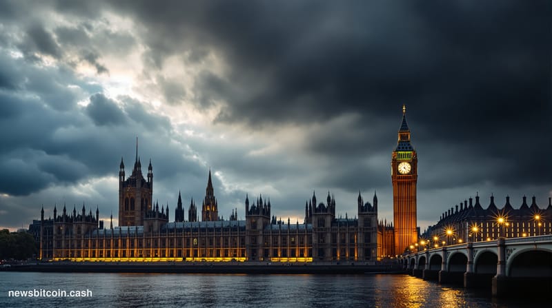 A cinematic photorealistic editorial photograph showing the Houses of Parliament in Westminster, London, with dramatic storm 