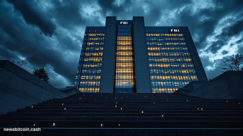 Cinematic photorealistic editorial photograph of the FBI headquarters building in Washington DC at dusk, dramatic low-angle s