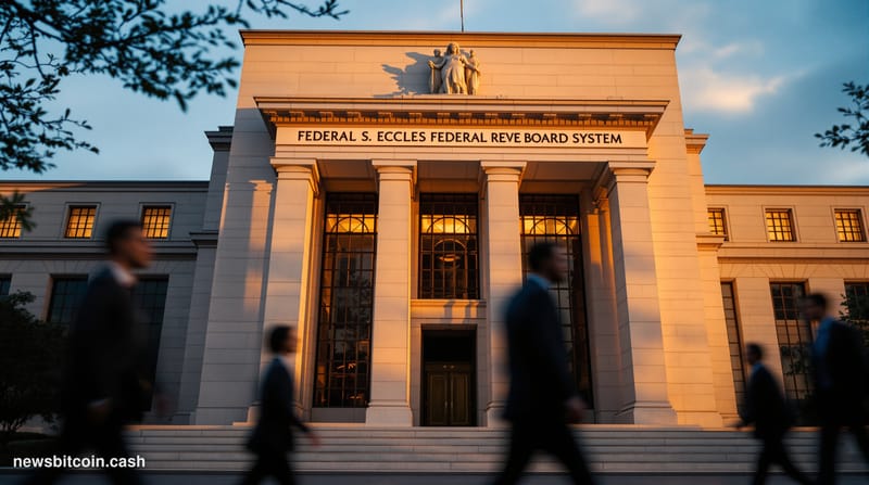 Cinematic photorealistic editorial photograph of the Federal Reserve Building's iconic neoclassical facade in Washington D.C.