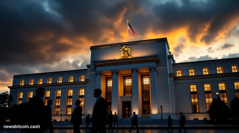 A cinematic photorealistic editorial photograph of the Federal Reserve Building in Washington DC at dusk, shot from a low ang