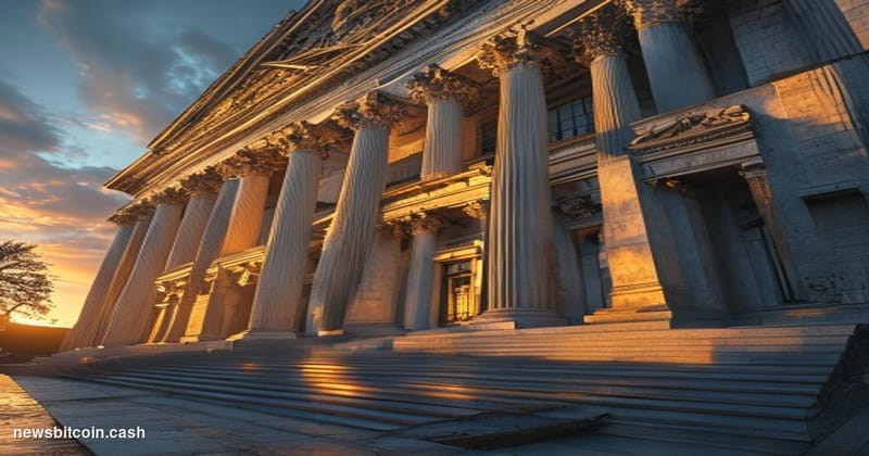 A cinematic photorealistic editorial photograph of the Federal Courthouse building in San Francisco's Northern District of Ca