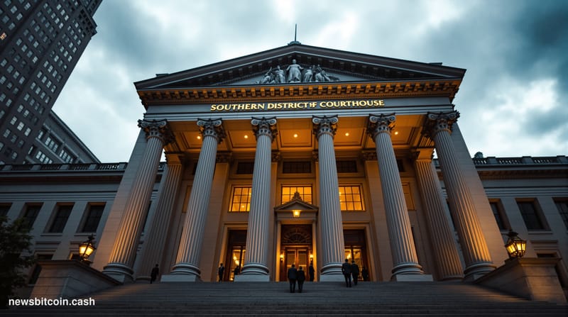 A cinematic photorealistic editorial photograph of the imposing Southern District of New York federal courthouse in Lower Man