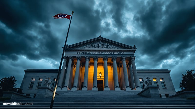 A cinematic photorealistic editorial photograph showing a federal courthouse in Tennessee with dramatic overcast lighting cas