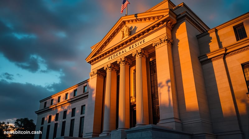 A cinematic photorealistic editorial photograph of the Federal Reserve building's imposing neoclassical facade in Washington 