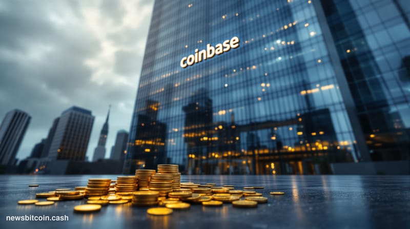 A cinematic photorealistic editorial photograph showing the imposing glass facade of Coinbase's headquarters in San Francisco