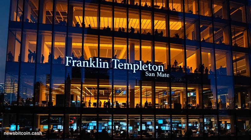 A dramatic photorealistic editorial photograph showing Franklin Templeton's distinctive San Mateo headquarters building at du