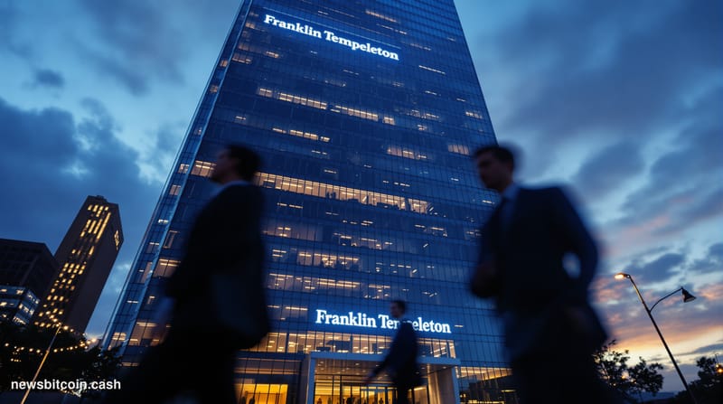 A cinematic photorealistic editorial photograph of Franklin Templeton's imposing corporate headquarters in San Mateo, Califor