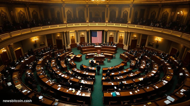 A cinematic photorealistic editorial photograph of the United States Senate chamber during session, captured from an elevated