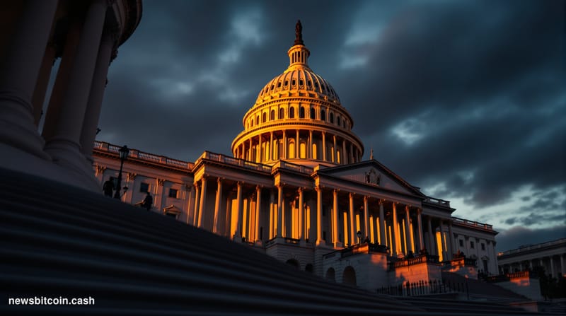 A cinematic photorealistic editorial photograph of the United States Capitol building in Washington DC, shot from a low angle