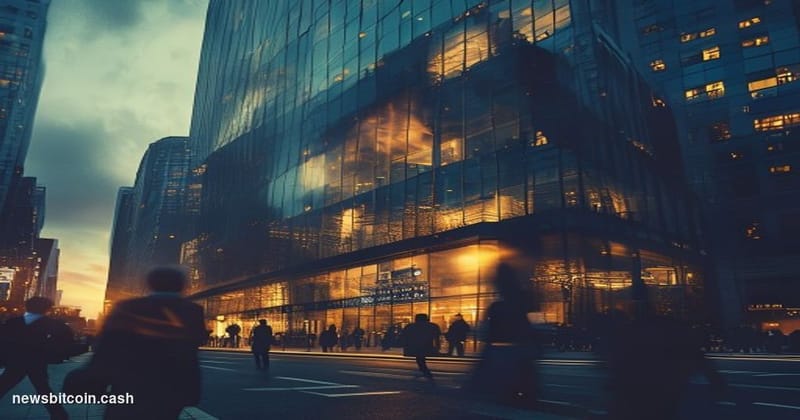 A cinematic photorealistic editorial photograph of Galaxy Digital's sleek Manhattan headquarters building exterior during gol