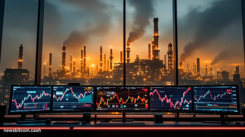 A cinematic photorealistic editorial photograph showing the dramatic collision of geopolitics and digital assets. In the fore