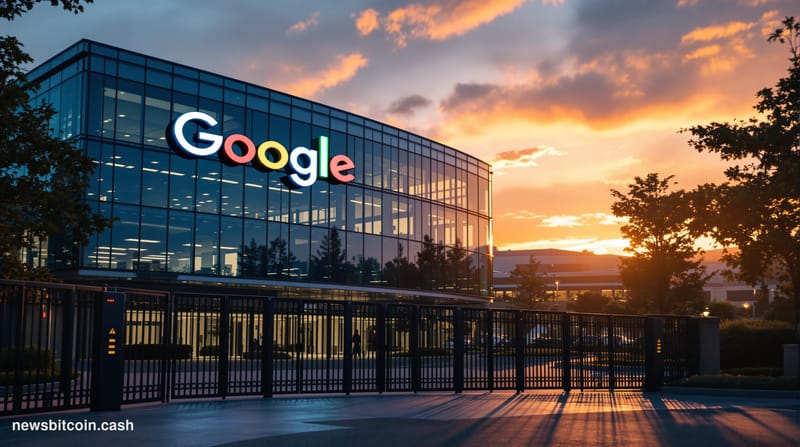 A cinematic photorealistic editorial photograph showing the exterior of Google's Mountain View headquarters campus at dusk, w