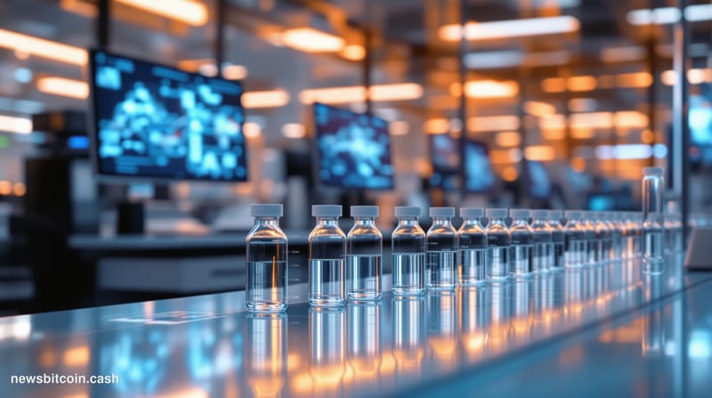 A cinematic photorealistic editorial photograph showing a modern pharmaceutical research laboratory with sleek glass surfaces