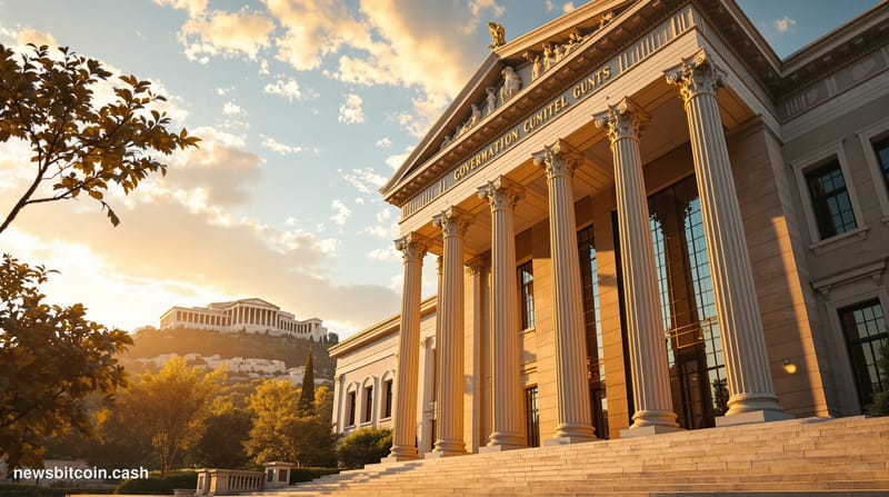 A cinematic photorealistic editorial photograph of the Greek Parliament building (Vouli) in Athens at golden hour, with the i