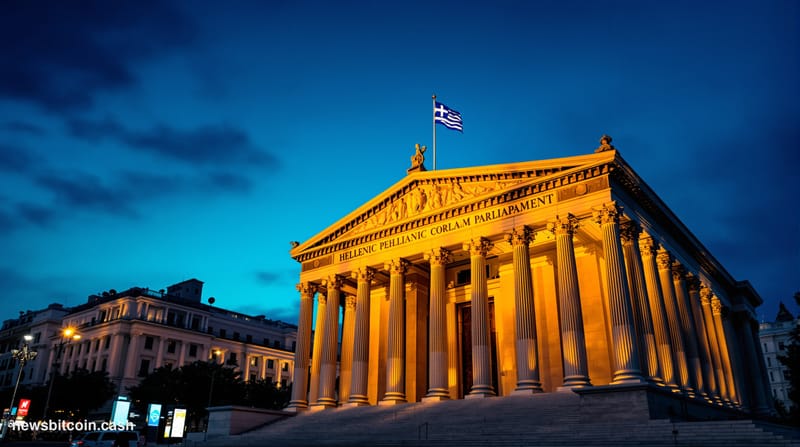 A cinematic photorealistic editorial photograph of the Greek Parliament building (Hellenic Parliament) in Athens at golden ho