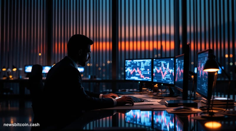 A cinematic photorealistic editorial photograph showing a stark corporate trading floor or financial district office at dusk,