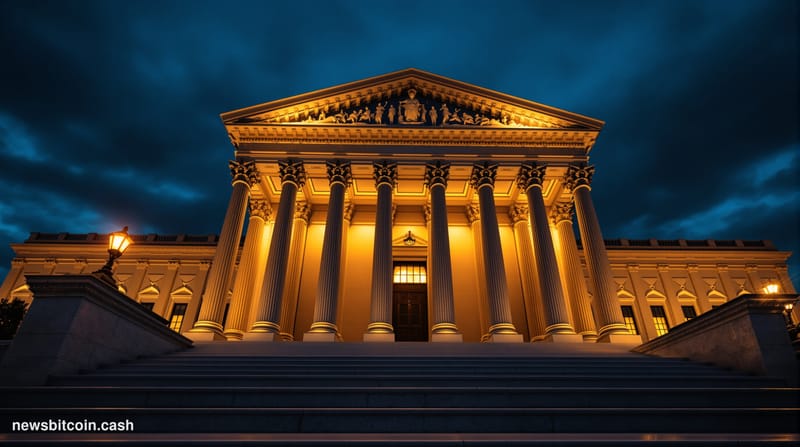 A cinematic photorealistic editorial photograph of the SEC headquarters building in Washington D.C. at twilight, shot from a 