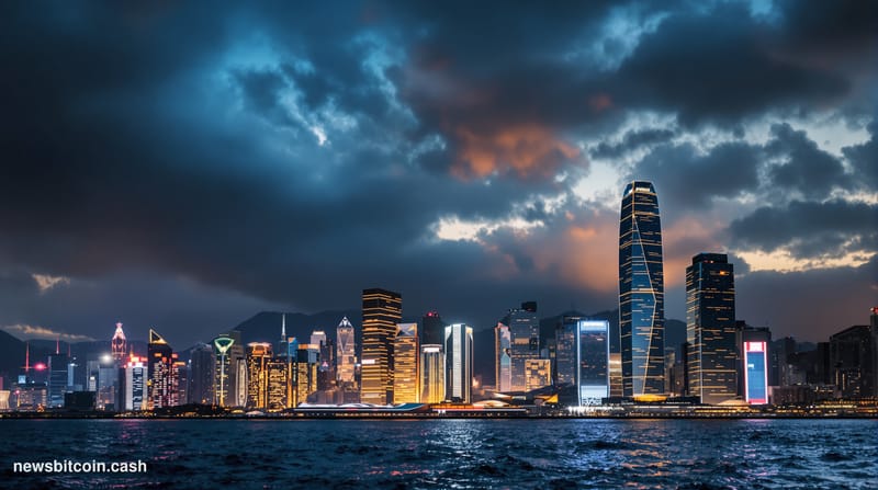A cinematic photorealistic editorial photograph capturing Hong Kong's iconic skyline from Victoria Harbor at dusk, with the d