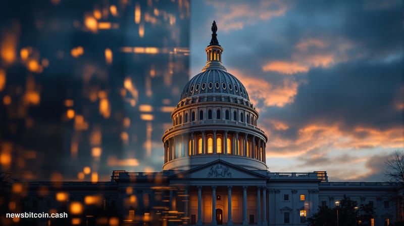 A cinematic photorealistic editorial photograph of the United States Capitol building dome at dusk, shot from a low angle wit
