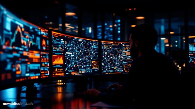 A cinematic photorealistic editorial photograph showing a sophisticated blockchain analysis workstation in a dimly lit compli