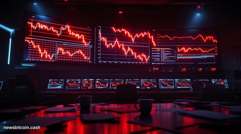 A cinematic photorealistic editorial photograph showing a darkened cryptocurrency trading floor or command center with multip