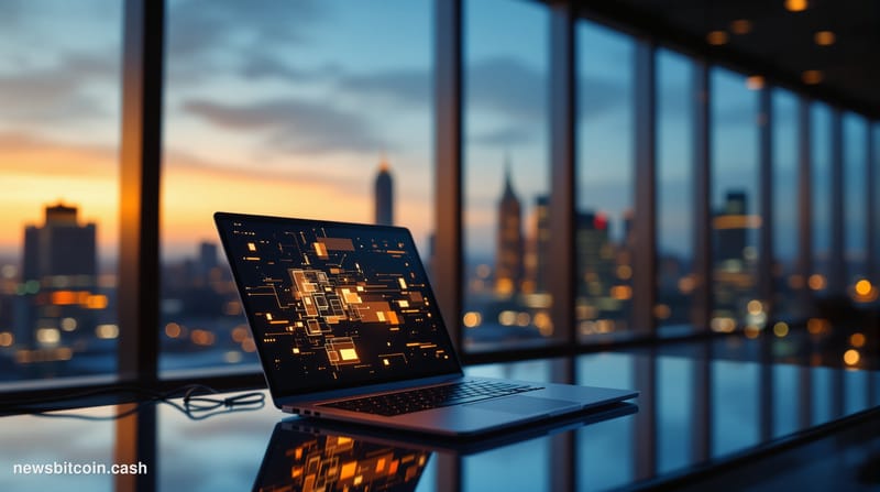 A dramatic cinematic photograph of a high-tech cybersecurity incident scene, shot from a low angle looking up at a sleek corp