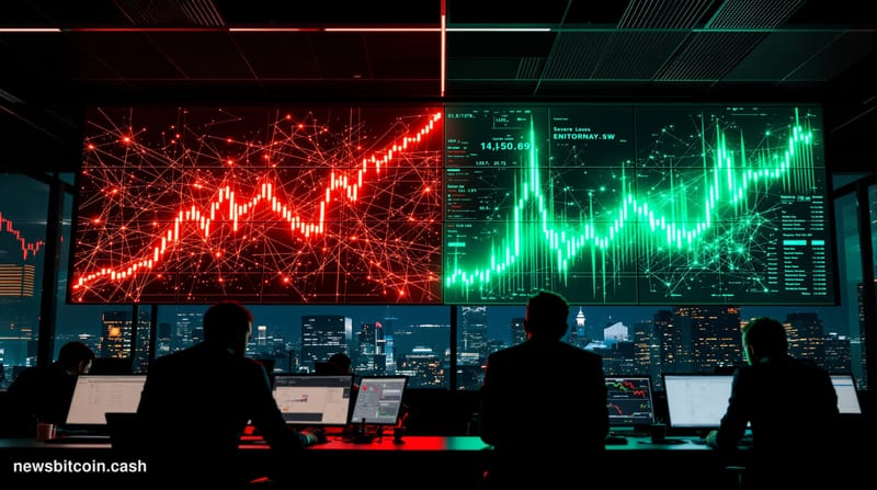 A cinematic photorealistic editorial photograph showing a modern cryptocurrency trading floor or fintech office environment d