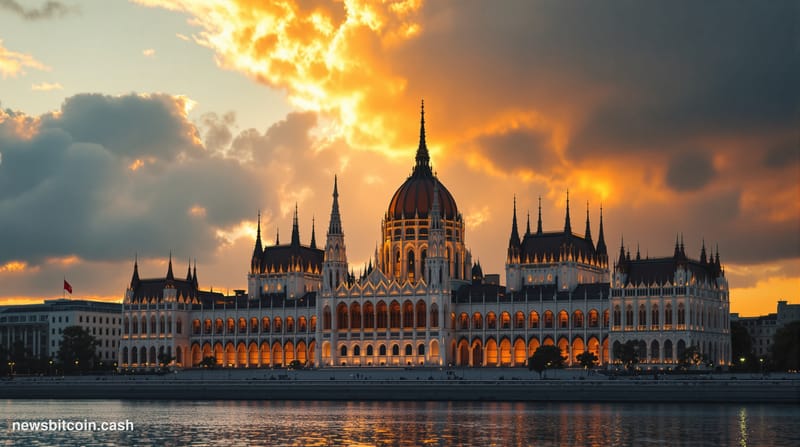 A cinematic photorealistic editorial photograph of the Hungarian Parliament building in Budapest at golden hour, with the ico