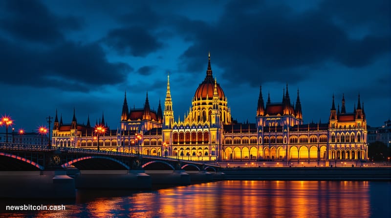 A cinematic photorealistic editorial photograph of the Hungarian Parliament building in Budapest at dusk, shot from across th