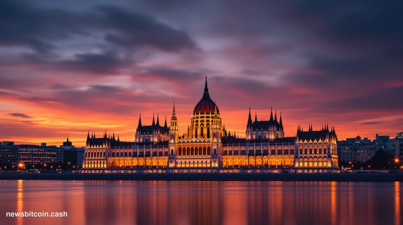 A cinematic photorealistic editorial photograph of the Hungarian Parliament building in Budapest at dusk, with the iconic neo