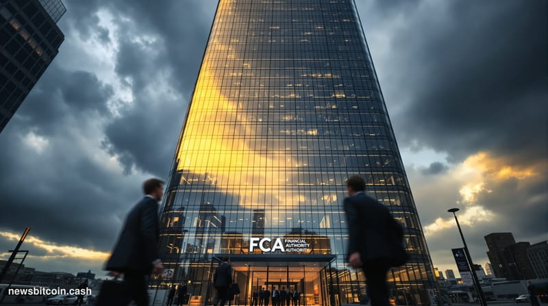 A cinematic photorealistic editorial photograph showing the imposing glass facade of the Financial Conduct Authority headquar