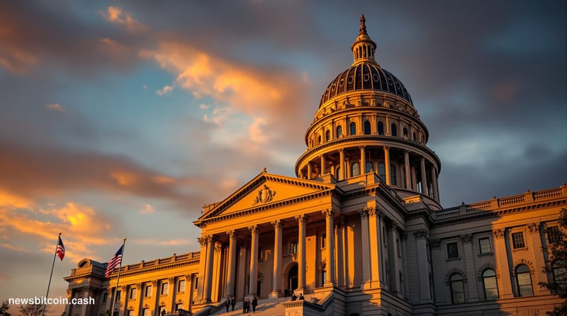 A cinematic photorealistic editorial photograph of the Illinois State Capitol building in Springfield, shot during golden hou