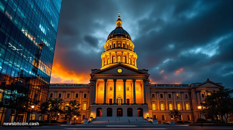 A dramatic photorealistic editorial photograph of the Illinois State Capitol building in Springfield at dusk, shot from a low