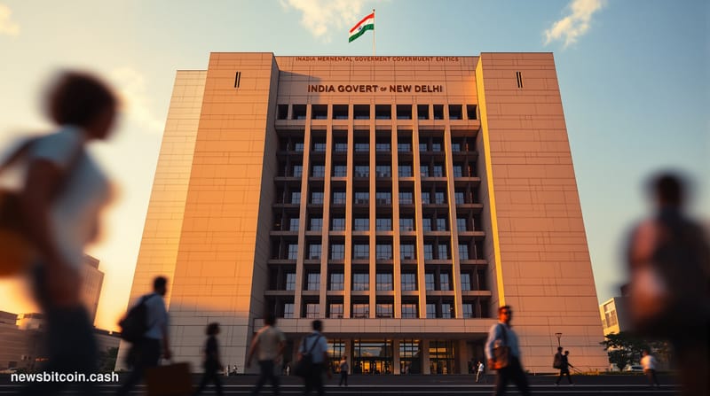 A cinematic photorealistic editorial photograph showing the imposing facade of India's Income Tax Department headquarters in 