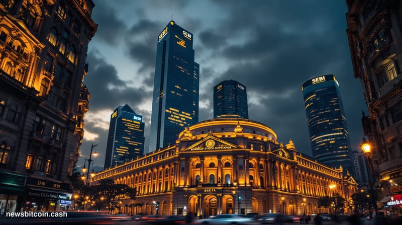 A cinematic photorealistic editorial photograph of Mumbai's financial district at dusk, with the iconic Bombay Stock Exchange