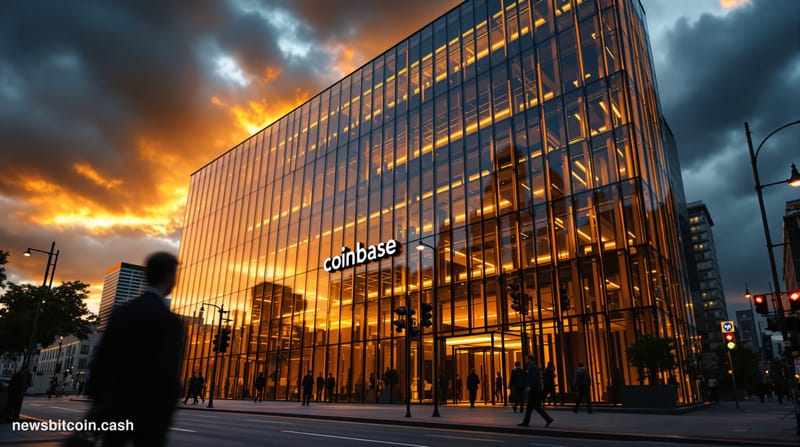 A cinematic photorealistic editorial photograph showing the exterior of Coinbase's headquarters in San Francisco's SOMA distr