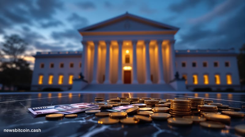 A cinematic photorealistic editorial photograph showing the imposing facade of the US Treasury Department building in Washing