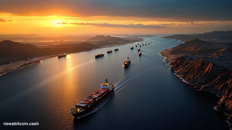 A dramatic photorealistic editorial photograph showing the Strait of Hormuz from an elevated aerial perspective during golden