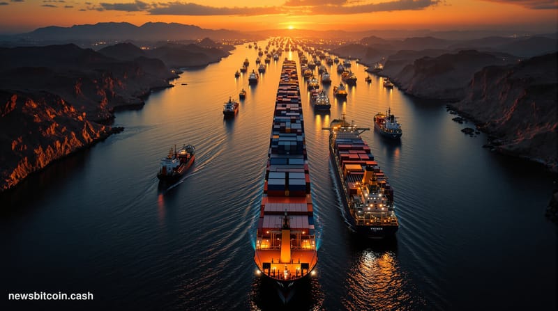 A cinematic photorealistic editorial photograph showing the narrow waters of the Bab al-Mandab Strait from an elevated aerial