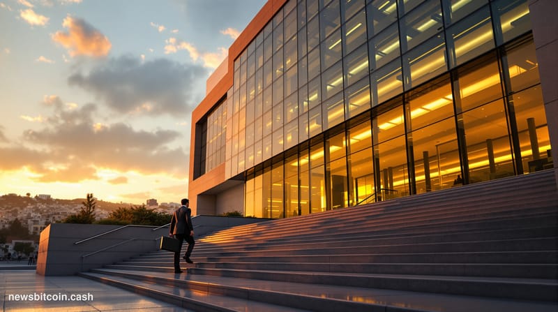 A cinematic photorealistic editorial photograph showing the Israeli Tax Authority headquarters building in Jerusalem during g