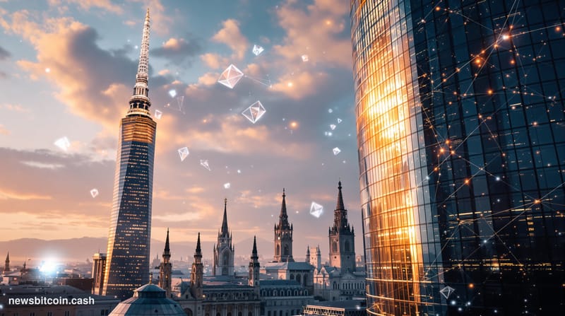 A cinematic photorealistic editorial photograph capturing Italy's financial district in Milan, specifically the Porta Nuova b