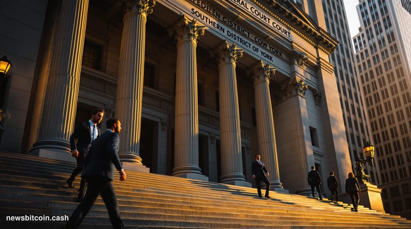 A cinematic photorealistic editorial photograph of the imposing federal courthouse building in Lower Manhattan that houses th