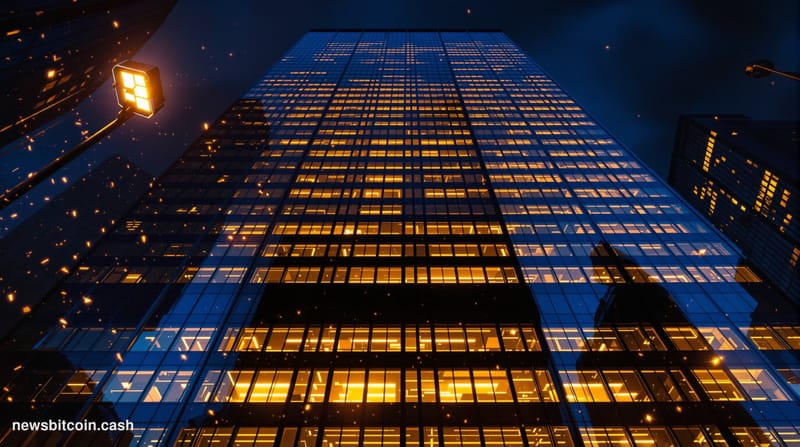 A cinematic photorealistic editorial photograph showing the imposing glass facade of a major Wall Street financial institutio
