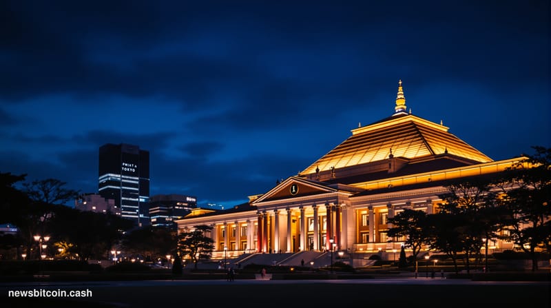 A cinematic photorealistic editorial photograph of the Japanese Diet Building (Parliament) in Tokyo at twilight, with the dis