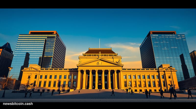 A cinematic photorealistic editorial photograph of the Japanese Diet Building (National Parliament) in Tokyo during golden ho