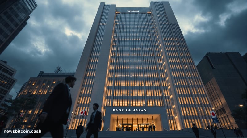 A cinematic photorealistic editorial photograph showing the imposing Bank of Japan headquarters building in Tokyo's Nihonbash
