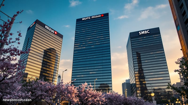 A cinematic photorealistic editorial photograph of Tokyo's financial district at golden hour, featuring the modern glass head
