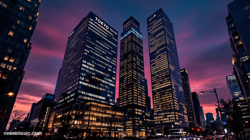 A cinematic photorealistic editorial photograph of Tokyo's financial district at dusk, featuring the iconic skyscrapers housi