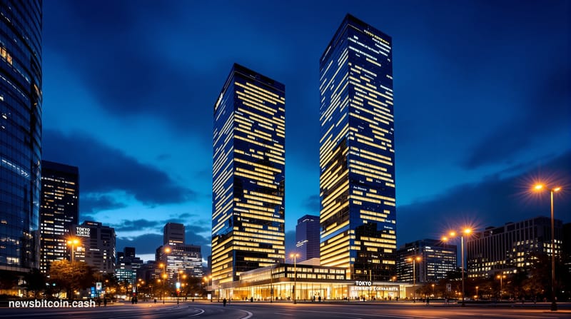 A cinematic photorealistic editorial photograph showing the gleaming glass towers of Tokyo's financial district at dusk, with