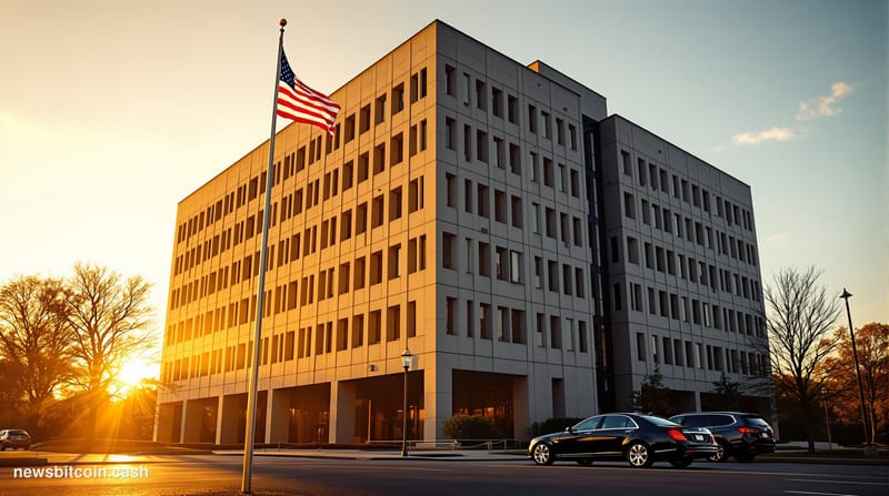 A cinematic photorealistic editorial photograph showing the imposing facade of CIA headquarters in Langley, Virginia, capture